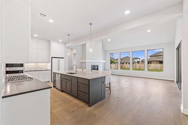 105 Bull Ridge Trl, Georgetown, TX 78628 - kitchen featuring a sink, open floor plan, white cabinets, stainless steel appliances, and a glass covered fireplace
