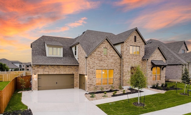 view of front facade with a garage and a lawn