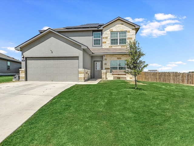 view of front of house featuring solar panels and a front lawn