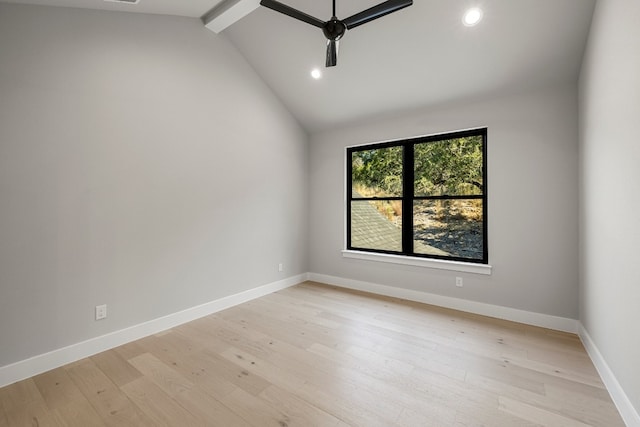 unfurnished room with lofted ceiling with beams, ceiling fan, and light hardwood / wood-style flooring