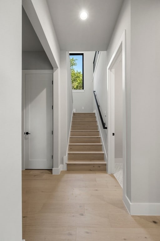 stairway with hardwood / wood-style flooring