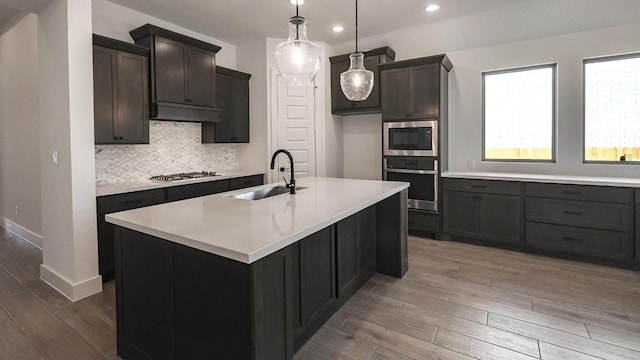 kitchen featuring sink, tasteful backsplash, an island with sink, hardwood / wood-style flooring, and stainless steel appliances