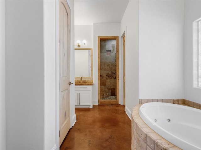 bathroom featuring vanity, shower with separate bathtub, and concrete flooring