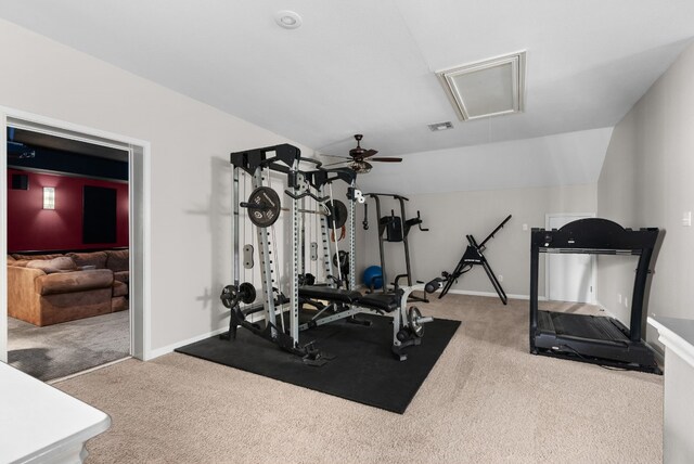 workout room with lofted ceiling and carpet flooring