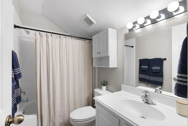 full bathroom featuring lofted ceiling, toilet, shower / tub combo, a textured ceiling, and vanity