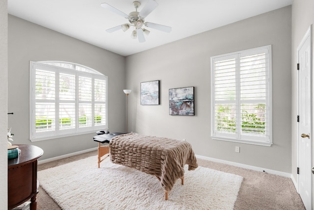 carpeted bedroom with multiple windows and ceiling fan