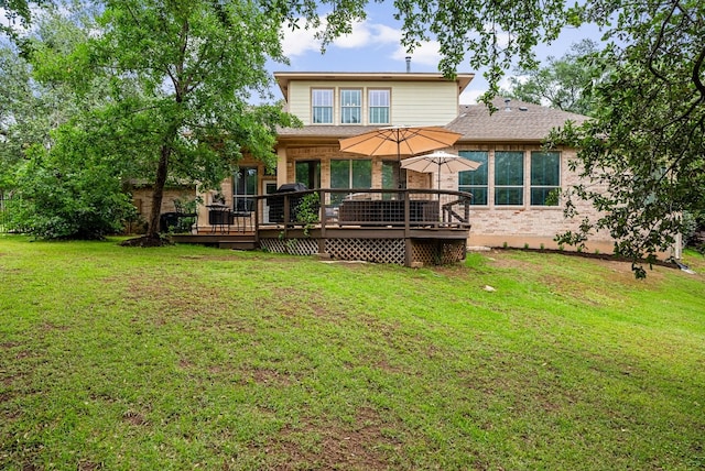 3109 Wild Rock Cv, Austin, TX 78732 - back of property featuring a wooden deck, a shingled roof, and a yard