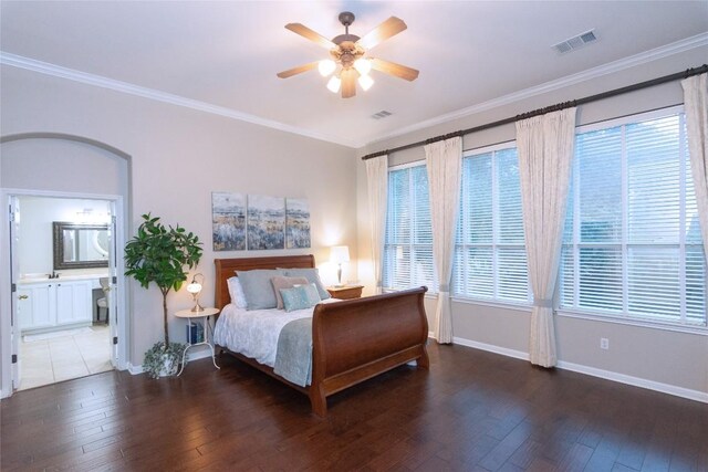 bedroom with dark wood-type flooring, ceiling fan, ornamental molding, and multiple windows