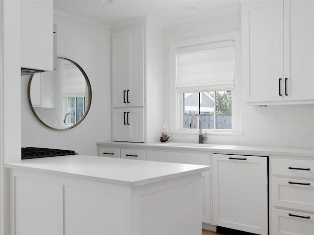 kitchen featuring decorative backsplash, white cabinets, white dishwasher, and sink