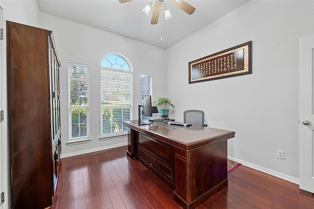 office space with ceiling fan and dark hardwood / wood-style floors