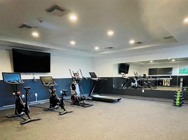 gym featuring a raised ceiling