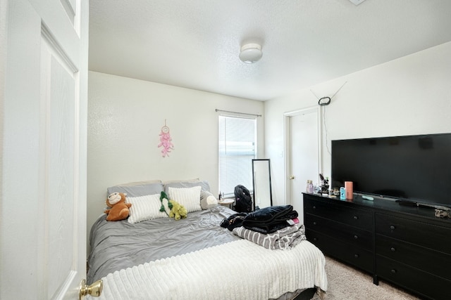 bedroom with light colored carpet