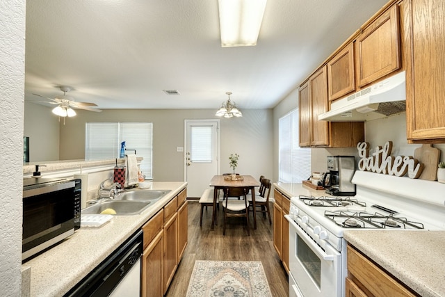 kitchen featuring dark wood-type flooring, sink, ceiling fan with notable chandelier, hanging light fixtures, and white appliances