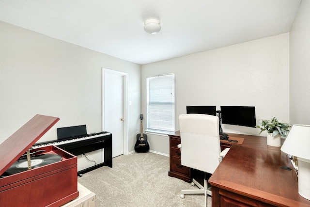 home office featuring light carpet