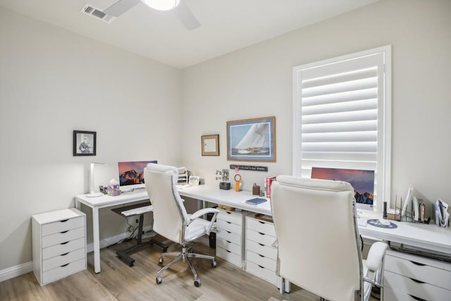 home office featuring ceiling fan, light wood-type flooring, visible vents, and baseboards