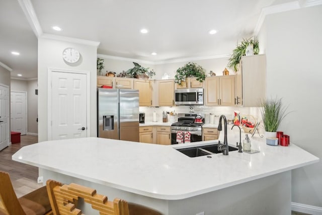 kitchen with stainless steel appliances, light brown cabinetry, a sink, and crown molding