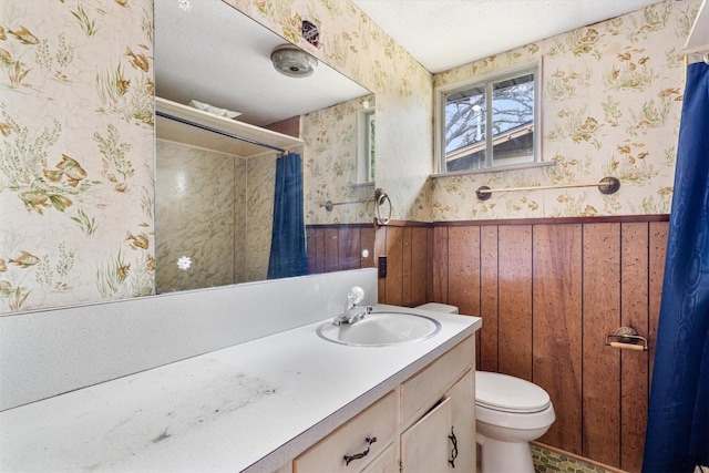 bathroom featuring vanity, toilet, a textured ceiling, and wooden walls