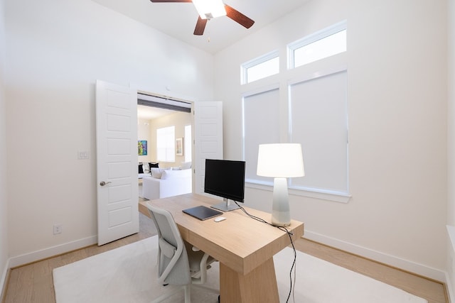 office space with light hardwood / wood-style flooring and ceiling fan