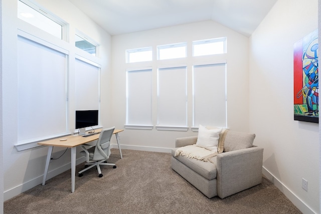 carpeted office space featuring vaulted ceiling and a wealth of natural light