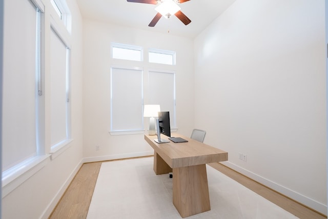 office space featuring light wood-type flooring and ceiling fan