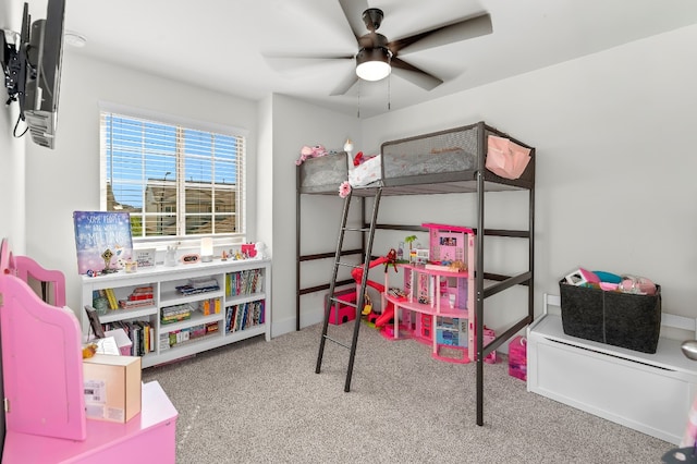 bedroom featuring carpet flooring and ceiling fan