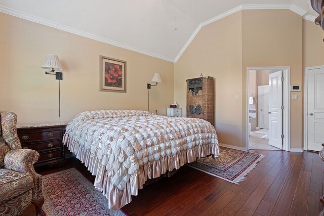 bedroom with connected bathroom, hardwood / wood-style flooring, crown molding, and high vaulted ceiling