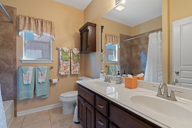 full bathroom featuring vanity, toilet, shower / bathtub combination with curtain, and tile patterned floors