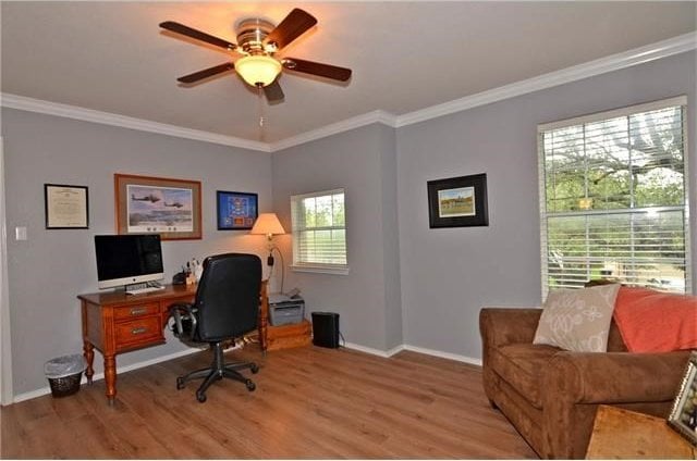 office with ornamental molding, ceiling fan, and hardwood / wood-style flooring