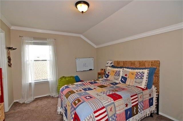 carpeted bedroom featuring ornamental molding and lofted ceiling