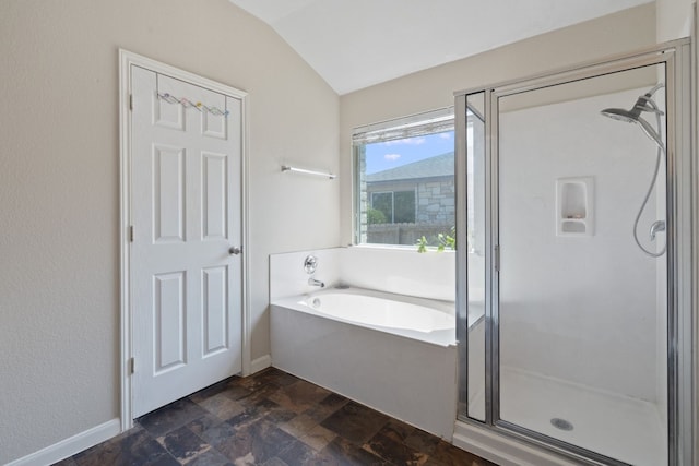 bathroom with plus walk in shower and vaulted ceiling