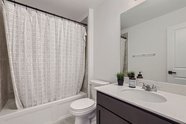 full bathroom featuring toilet, shower / tub combo, and vanity