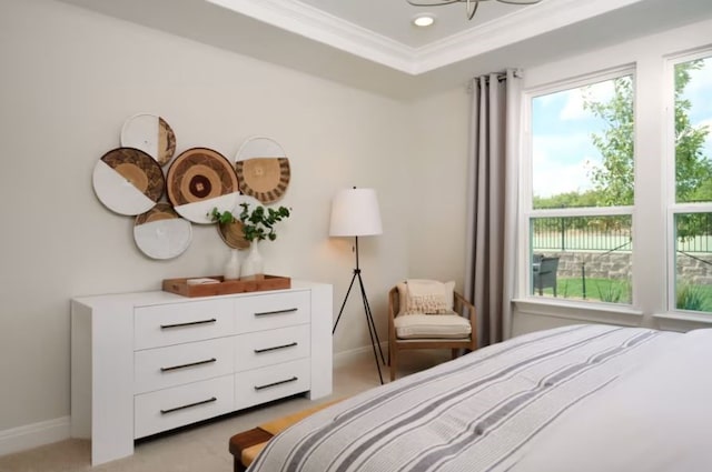 bedroom featuring light colored carpet, a raised ceiling, and crown molding