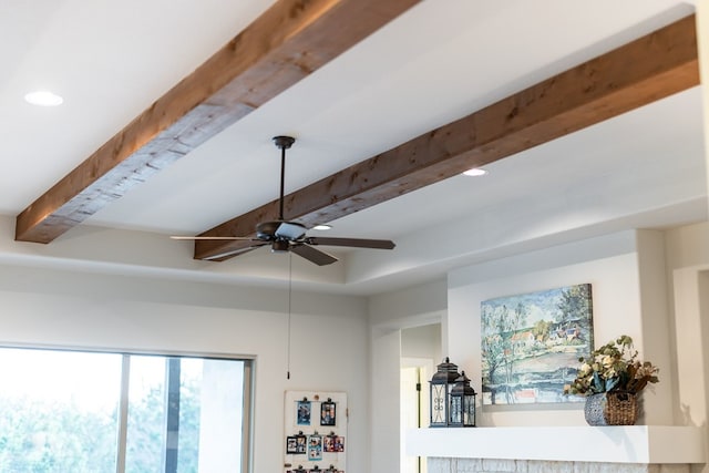 room details featuring beam ceiling and ceiling fan