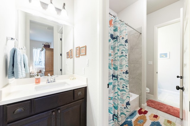 full bathroom with tile patterned flooring, vanity, toilet, and shower / tub combo with curtain