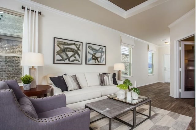 living room featuring ornamental molding and hardwood / wood-style flooring