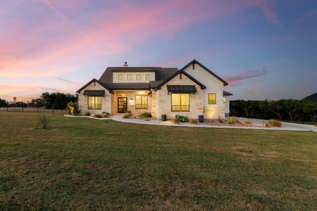 501 Francis Ct, Liberty Hill, TX 78642 - modern farmhouse featuring stone siding, a yard, a chimney, and roof with shingles