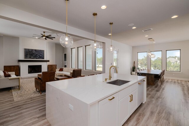 501 Francis Ct, Liberty Hill, TX 78642 - kitchen with a sink, a center island with sink, white cabinetry, light wood finished floors, and recessed lighting