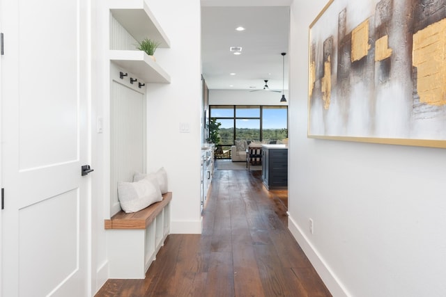 mudroom with ceiling fan and dark wood-type flooring