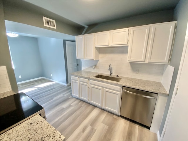 kitchen featuring dishwasher, light hardwood / wood-style flooring, sink, and white cabinetry