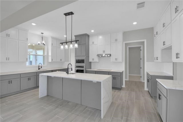 kitchen with gray cabinets, stainless steel appliances, sink, and an island with sink