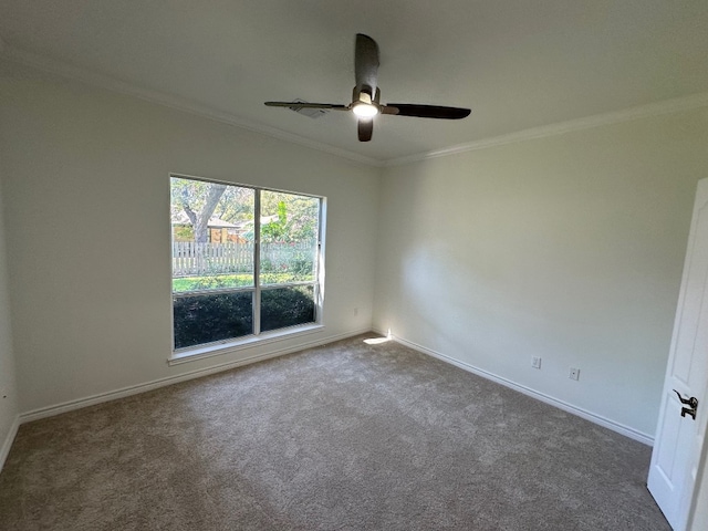 carpeted empty room featuring crown molding and ceiling fan