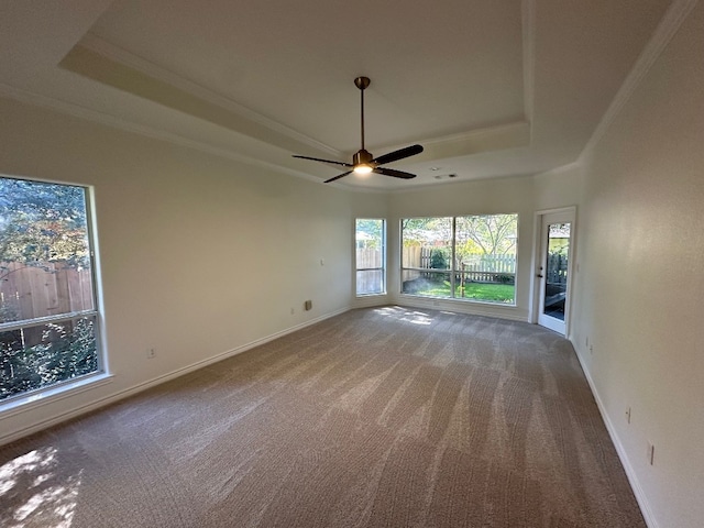 empty room with ceiling fan, a tray ceiling, ornamental molding, and carpet flooring