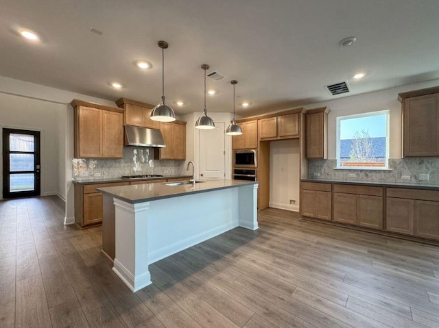 kitchen featuring under cabinet range hood, stainless steel appliances, visible vents, and dark wood finished floors