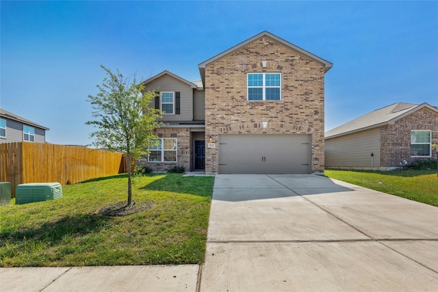 view of property with a front yard, cooling unit, and a garage