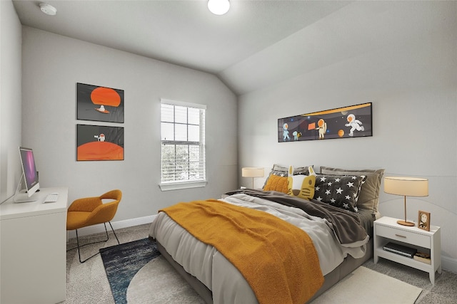 bedroom with lofted ceiling and light carpet