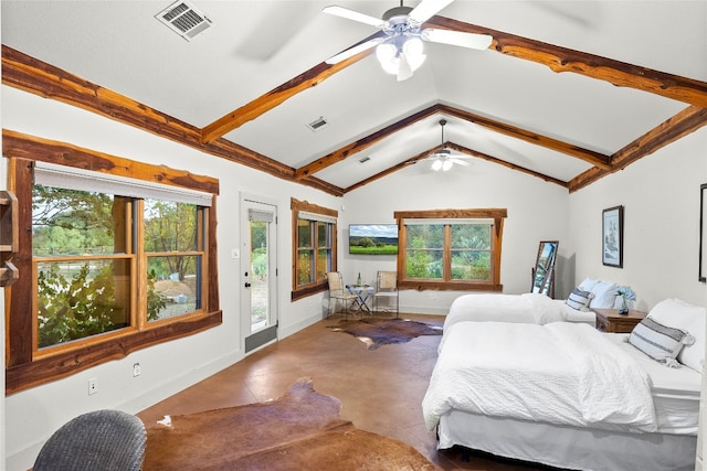 bedroom featuring lofted ceiling with beams, ceiling fan, and access to exterior