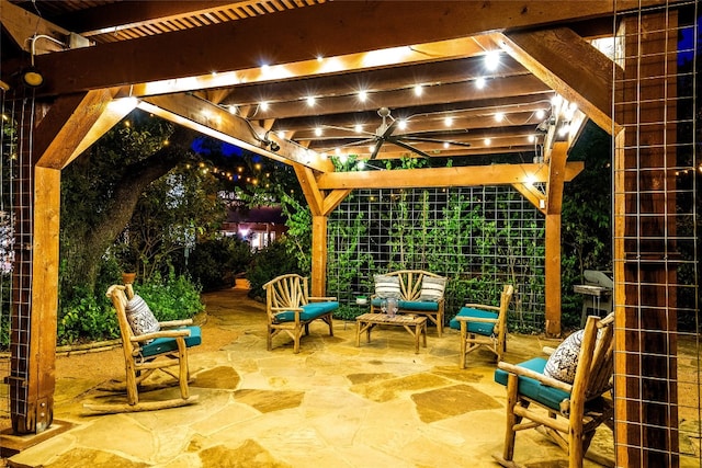 view of patio / terrace with an outdoor living space and a pergola