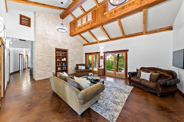 living room with high vaulted ceiling and beam ceiling