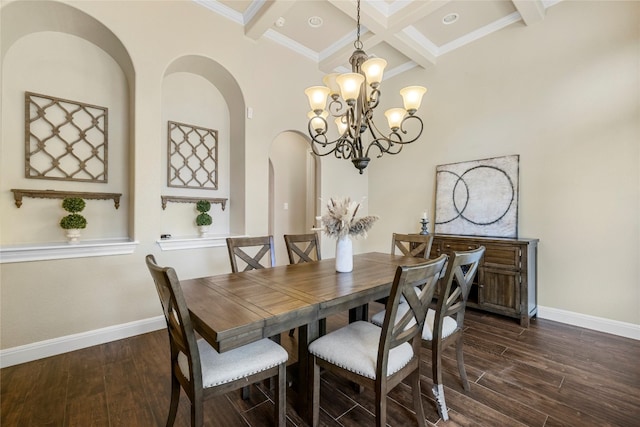 dining room with beam ceiling, crown molding, coffered ceiling, and dark wood-type flooring