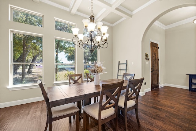 dining room with ornamental molding, beam ceiling, dark wood-type flooring, coffered ceiling, and an inviting chandelier